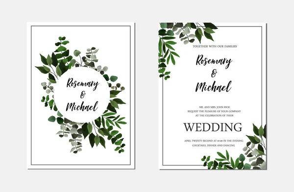 Speichern Sie das Datum Hochzeitseinladungskarte mit floralen grünen Blättern, Eukalyptus-Vektor botanische Vorlage — Stockvektor