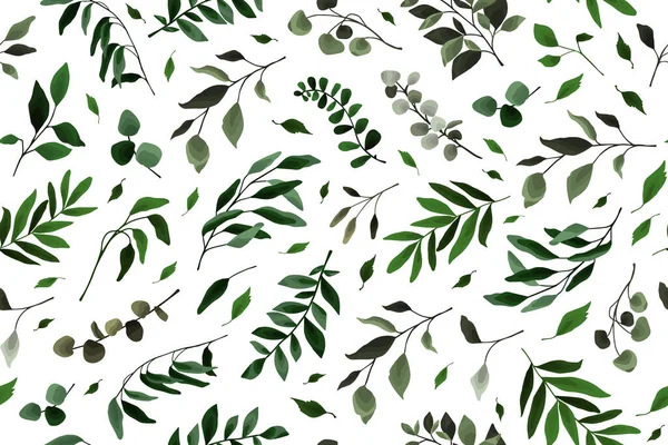 Zökkenőmentes minta zöld levelek ág ág flóra növények virágos akvarell esküvői kártya — Stock Vector