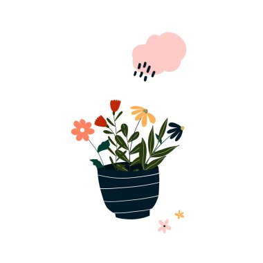 Şirin el, çiçek açmış minik bir saksı çiçeği çizmiş. Kartpostal, poster, tebrik kartı, çocukların gömlek tasarımı için İskandinav tarzı rahat bir şablon. Çizgi film tarzında vektör illüstrasyonu