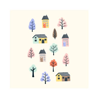 Güzel el çizimi, bahar ağaçlı küçük evler. Konforlu hygge İskandinav tarzı