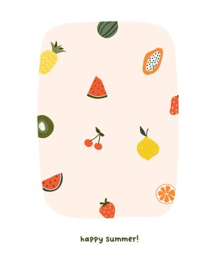 Tatlı yaz meyveleri ananas, karpuz, papaya, limon. Kartpostal, tebrik kartı, tişört tasarımı için İskandinav tarzı rahat bir şablon. Çizgi film tarzında vektör illüstrasyonu 