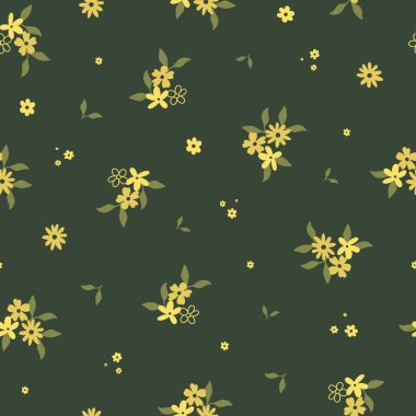 Sevimli elleriyle kusursuz desen çizilmiş sarı çiçekler ve yapraklar. Kumaş, ambalaj, çocukların gömlek tasarımı için İskandinav tarzı rahat bir şablon. Çizgi film tarzında vektör illüstrasyonu