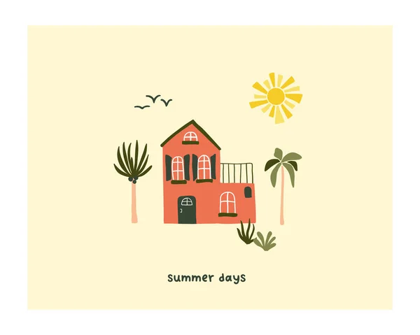 ヤシの木と太陽とビーチでかわいい夏の家 はがき グリーティングカード Tシャツデザインのための居心地の良い巨大な北欧スタイルのテンプレート 平手描きの漫画スタイルでベクトルイラスト — ストックベクタ