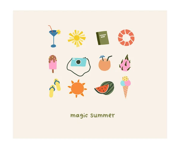 かわいい手の小さな夏の休日のアイコン写真カメラ スレート ライフブイ カクテル アイスクリームを描いた 夏のアイコンベクトルイラストでフラット手描きのドアスタイル — ストックベクタ