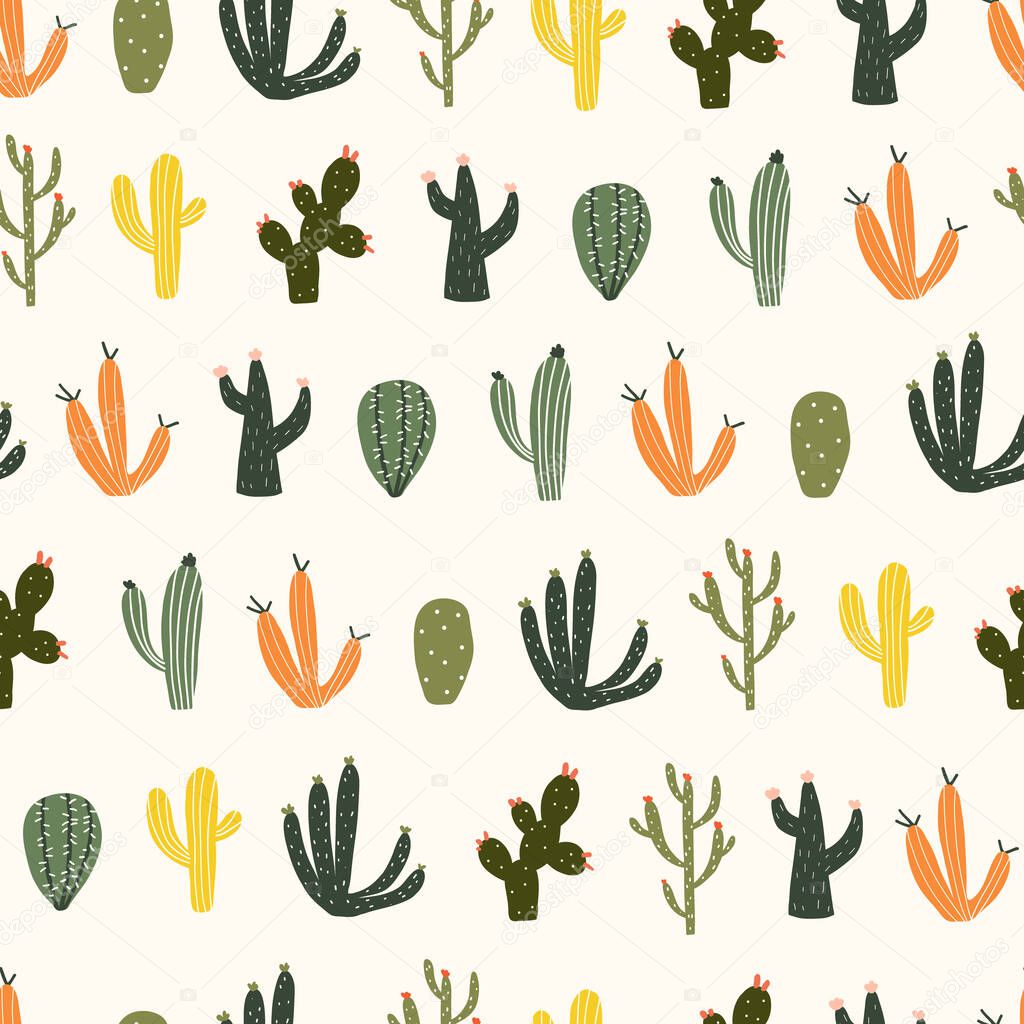 Seamless pattern with cute hand drawn cacti with thorns. Cozy hygge scandinavian style template for fabric, packaging, kids t shirt design. Vector illustration in flat cartoon style