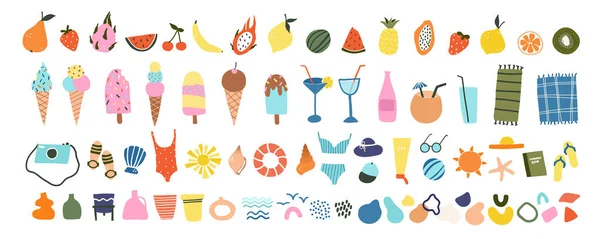 Cute hand drawn summer icons fruits, ice creams, cocktails, beach items — Stock Vector