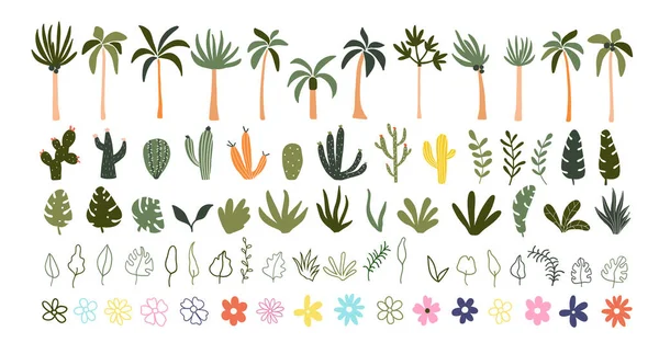 Aranyos kézzel rajzolt nyár virágzó virágok, zöld levelek, trópusi pálmafák, kaktuszok — Stock Vector