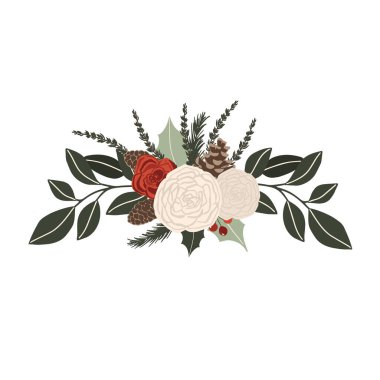 Kırmızı ve beyaz güllü Noel kış çiçekleri, ladin dalları, kozalaklar ve yeşil yapraklar. Elle çizilmiş düz çizgi film tarzında vektör illüstrasyonu