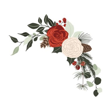 Kırmızı ve beyaz güllü Noel kış çiçekleri, ladin dalları, kozalaklar ve yeşil yapraklar. Elle çizilmiş düz çizgi film tarzında vektör illüstrasyonu