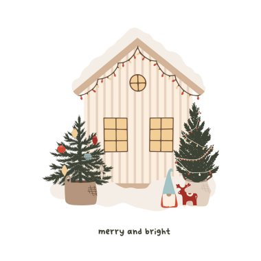 İç kısımlarında kışın manzarası ve köknar ağaçları olan bir Noel evi.