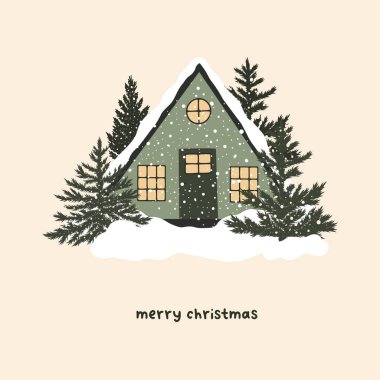 İç kısımlarında kışın manzarası ve köknar ağaçları olan bir Noel evi.