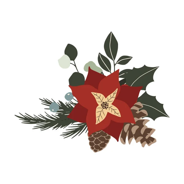 Ramo Floral Invierno Navidad Con Poinsettia Ramas Abeto Conos Pino — Archivo Imágenes Vectoriales