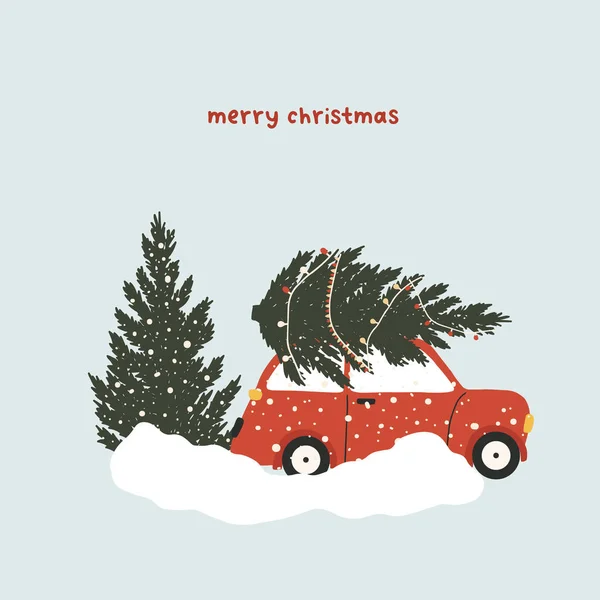 Voiture Rouge Noël Avec Coffrets Cadeaux Sapins Vacances Hiver Nouvelle — Image vectorielle