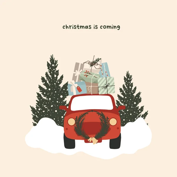 Weihnachten rotes Auto mit Geschenkboxen und Tannenbäumen — Stockvektor
