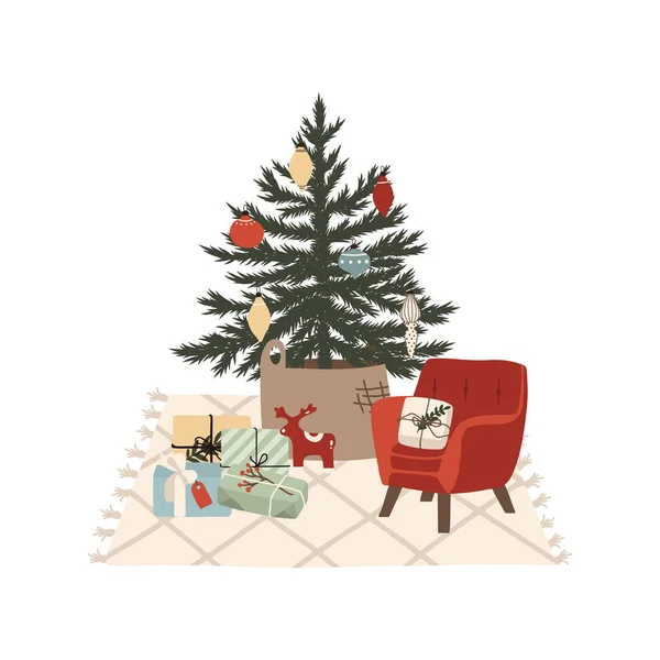 Poltrona accogliente natalizia con scatole regalo e albero di Natale — Vettoriale Stock