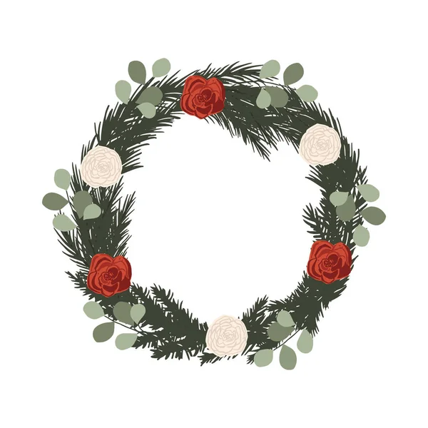 Christmas winter floral frame and wreath with red and white roses, spruce branches — Stock Vector