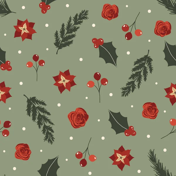 Рождество Новый год зимний праздник бесшовный шаблон с веткой Xmas, Холли веселый, красные ягоды — стоковый вектор