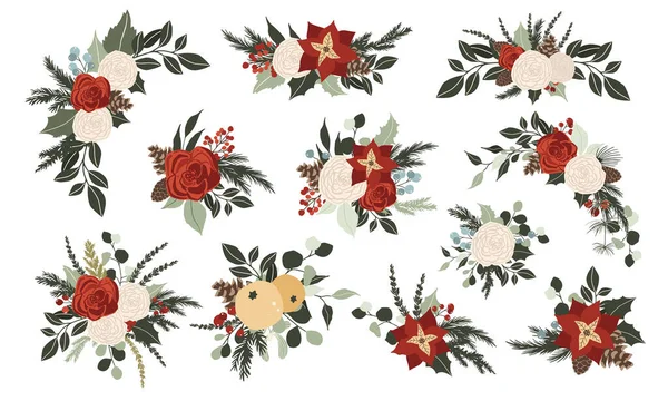Набор рождественских зимних цветочных букетов с красными и белыми розами, цветами пуансеттии — стоковый вектор