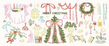 Garip Noel simgeleri seti. El çizimi Noel ağacı, fiyonklu, yemek masalı, çelenkli, sevimli kedi ve köpekli. Xmas kış çelengi, parti disko topu çizimi