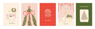 Noel için tuhaf tebrik kartı seti. Noel ağacı, fiyonk, yemek masası ve şirin bir evi olan kaprisli poster şablonu. Kurdele çelengi sınır tebrik kartı tasarımı