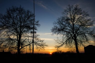 Manzara. Ağaçların arkasında gün batımı. Arkaplan.