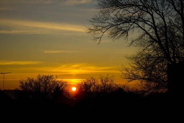 Paesaggio Tramonto Sullo Sfondo Alberi Città Contesto — Foto Stock