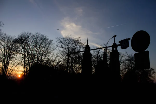 Manzara. Ağaçların ve şehrin arka planında gün batımı. Arkaplan.