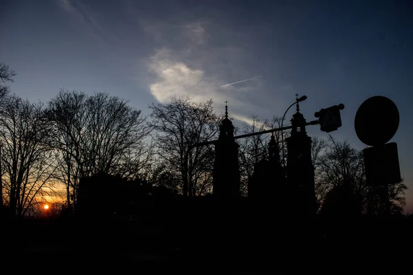 Krajina Západ Slunce Pozadí Stromů Města Pozadí — Stock fotografie