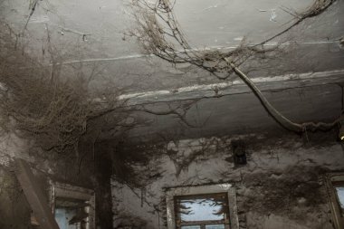 Çok eski bir ev. İnternette terk edilmiş bir ev. Eski model. Eski bir evin pencereleri. Bir sürü örümcek ağı. Arkaplan.