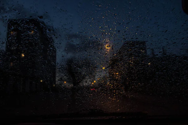 Vista Janela Carro Através Chuva Noite Contexto — Fotografia de Stock