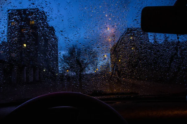 Vista Janela Carro Através Chuva Noite Contexto — Fotografia de Stock