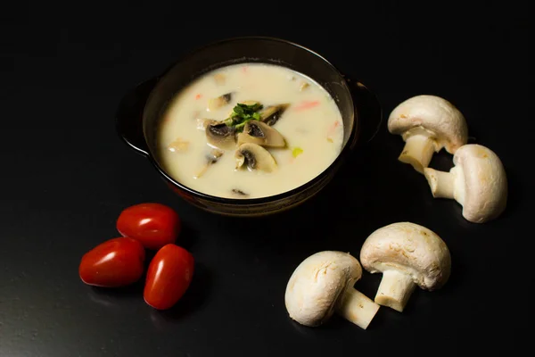 Plate Soup Black Background Mushroom Soup Background — Stock Photo, Image
