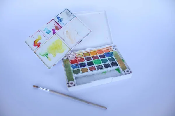 Opened Colorful Watercolor Paints Pallet Box Isolated White Background — Φωτογραφία Αρχείου