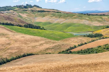 Hasat zamanı Siena Eyaleti, Toskana, İtalya 'da Ascanio bölgesinin tarımsal panoramik manzarası