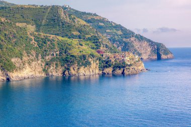 İtalya Cinque Terre 'deki Manarola köyünün panoramik manzarası