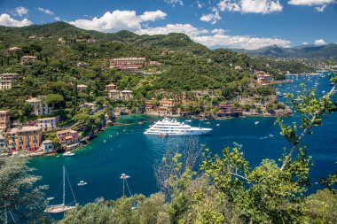 Portofino sahil bölgesinin panoramik genel görünümü, çok sayıda yat ve gemi barındıran liman, Castello Brown, Liguria, İtalya manzarası