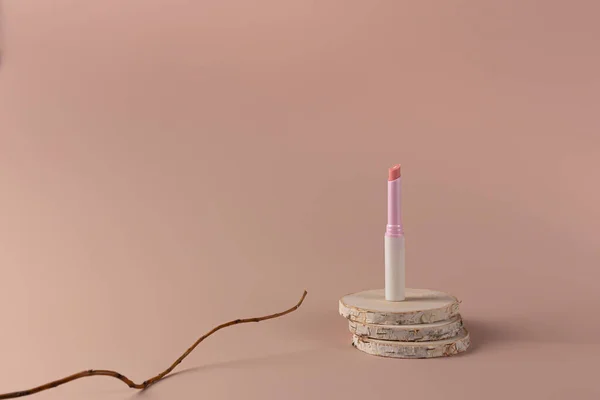 Delicate matte lipstick on a solid background. The concept of eco. Minimalism