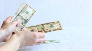 Yakın plan çekimler Amerikan dolarlarını sayıyor Amerikan dolarlarını elle sayıyor. Video