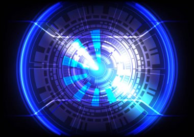 Fütürist bilimkurgu parlayan HUD daire ve küre. Işık etkisi. Soyut yüksek teknoloji geçmişi. Baş ekran arayüzü. Sanal gerçeklik teknolojisi yenilik ekranı. Dijital iş