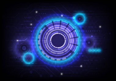 Devre kartı. Fütürist hologram, HUD parlayan bilim kurgu çemberi. Soyut yüksek teknoloji geçmişi. Baş ekran arayüzü. Sanal gerçeklik teknolojisi yeniliği. Işık etkisi. Dijital iş