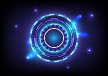 Devre kartı. Soyut hologram yüksek teknoloji geçmişi. Sanal gerçeklik teknolojisi yeniliği. Baş ekran arayüzü. Fütürist bilimkurgu ışıldayan HUD çemberi. Dijital bilgi işi