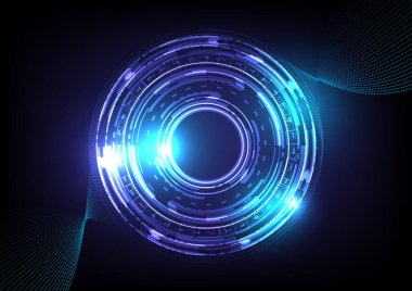 Soyut hologram yüksek teknoloji geçmişi. Sanal gerçeklik teknolojisi yeniliği. Baş ekran arayüzü. Fütürist bilimkurgu ışıldayan HUD çemberi. Dijital bilgi aktarma işi. Noktalar ve çizgiler