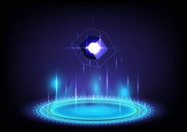 Üç boyutlu küp. Soyut arkaplan. Geçit ve hologram bilimi fütüristik. Işık saçan HUD 'de bilim kurgu dijital yüksek teknoloji. Oyun fantazisinde sihirli kapı. Işınlanma podyumunu çember yapın. Arayüz ve Kullanıcı Arayüzü sanal gerçekliği