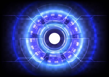 Bilimsel bilgi. Bilgisayar verisi elemanı. Soyut hologram yüksek teknoloji geçmişi. Sanal gerçeklik teknolojisi elektrikli yenilik. Baş ekran arayüzü. Gelecekçi bilimkurgu parlayan HUD çemberi