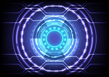 Bilgisayar verisi elemanı. Soyut hologram yüksek teknoloji geçmişi. Sanal gerçeklik teknolojisi elektrikli yenilik. Baş ekran arayüzü. Fütürist bilimkurgu ışıldayan HUD çemberi. Bilimsel bilgi