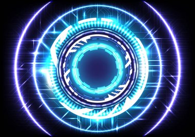 Bilgisayar verisi elemanı. Soyut hologram yüksek teknoloji geçmişi. Sanal gerçeklik teknolojisi elektrikli yenilik. Baş ekran arayüzü. Fütürist bilimkurgu ışıldayan HUD çemberi. Dijital bilgi grafiği