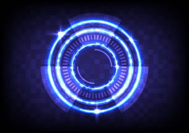 Piksel ekranda devre. Soyut hologram yüksek teknoloji geçmişi. Sanal gerçeklik teknolojisi yeniliği. Baş ekran arayüzü. Fütürist bilimkurgu ışıldayan HUD çemberi. Dijital bilgi işi