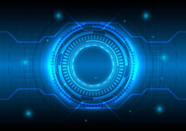 Bilim verileri. Dijital bilgi grafiği. Soyut hologram yüksek teknoloji geçmişi. Sanal gerçeklik teknolojisi elektrikli yenilik. Devre kartı arayüzü. Gelecekçi bilimkurgu parlayan HUD çemberi