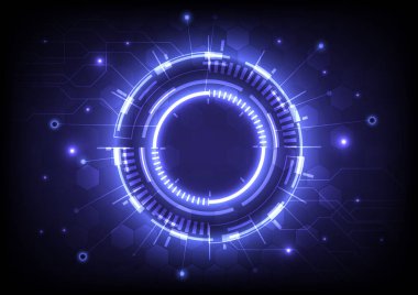 Gelecekçi bilimkurgu ışıldayan HUD kullanıcısı. Dijital bilgi çerçevesi. Soyut hologram yüksek teknoloji geçmişi. Elektriğin sanal gerçeklik teknolojisi bağlantısı. Çember arayüzü. Web veri bağlantısı