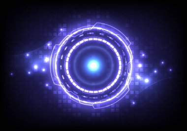 Gelecekçi bilimkurgu ışıldayan HUD kullanıcısı. Dijital bilgi çerçevesi. Soyut hologram yüksek teknoloji geçmişi. Sanal gerçeklik teknolojisi elektrikli yenilik. Devre tahtası arayüzü